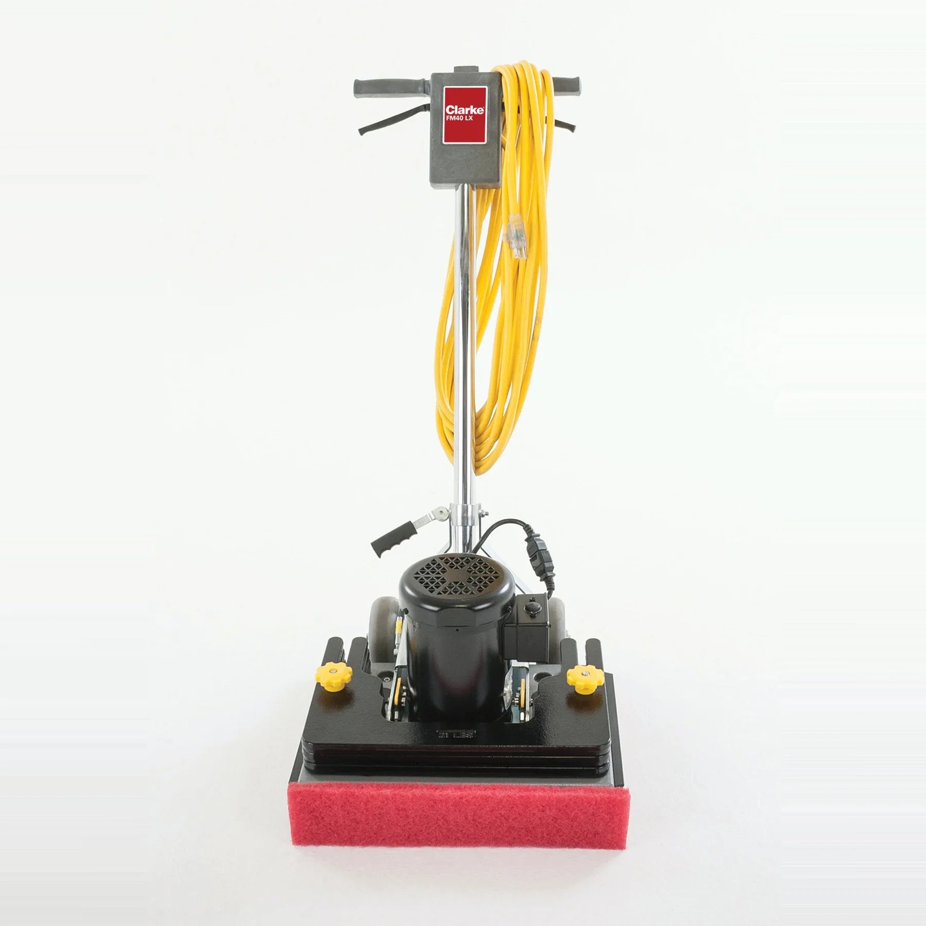 Yellow power cord wrapped on the handle of the Clarke FM40 LX, seen from the front