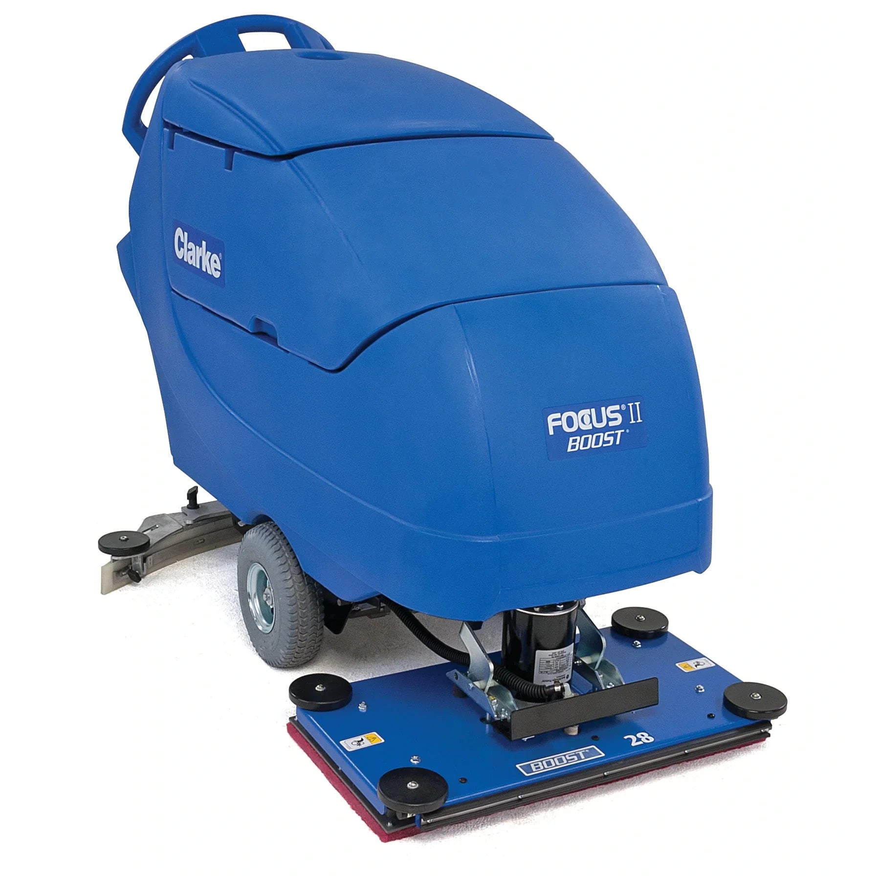 Clarke Focus II BOOST 28 orbital floor scrubber with its red rectangular scrub deck, front right angle on a white background