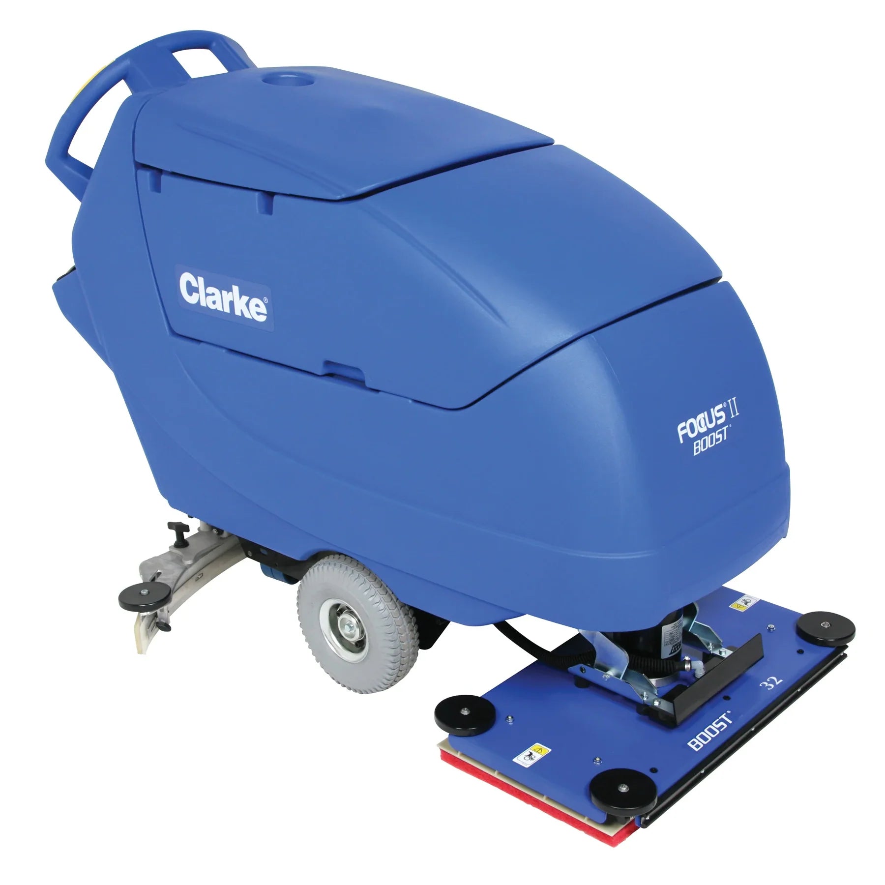 Clarke Focus II BOOST 32 orbital floor scrubber with its wide rectangular scrub deck, front right angle on a white background
