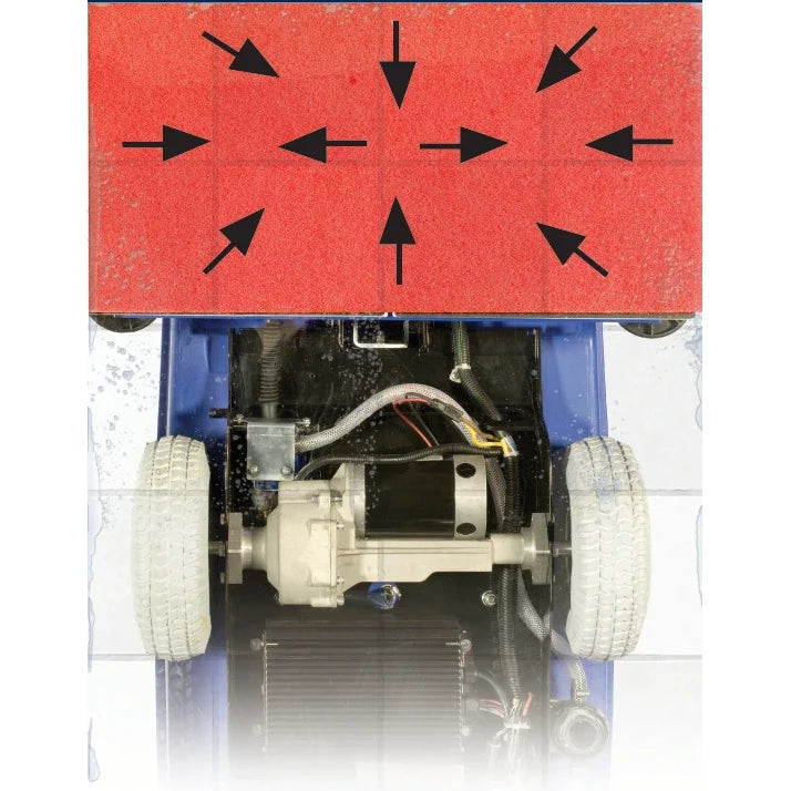 Close-up of the Clarke BOOST orbital scrub head, with arrows showing solution held inside the rectangular pad