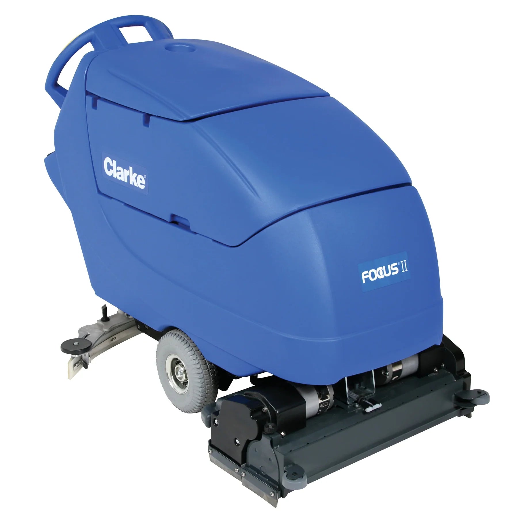 Clarke Focus II Cylindrical 28 walk-behind floor scrubber, front right angle on a white background