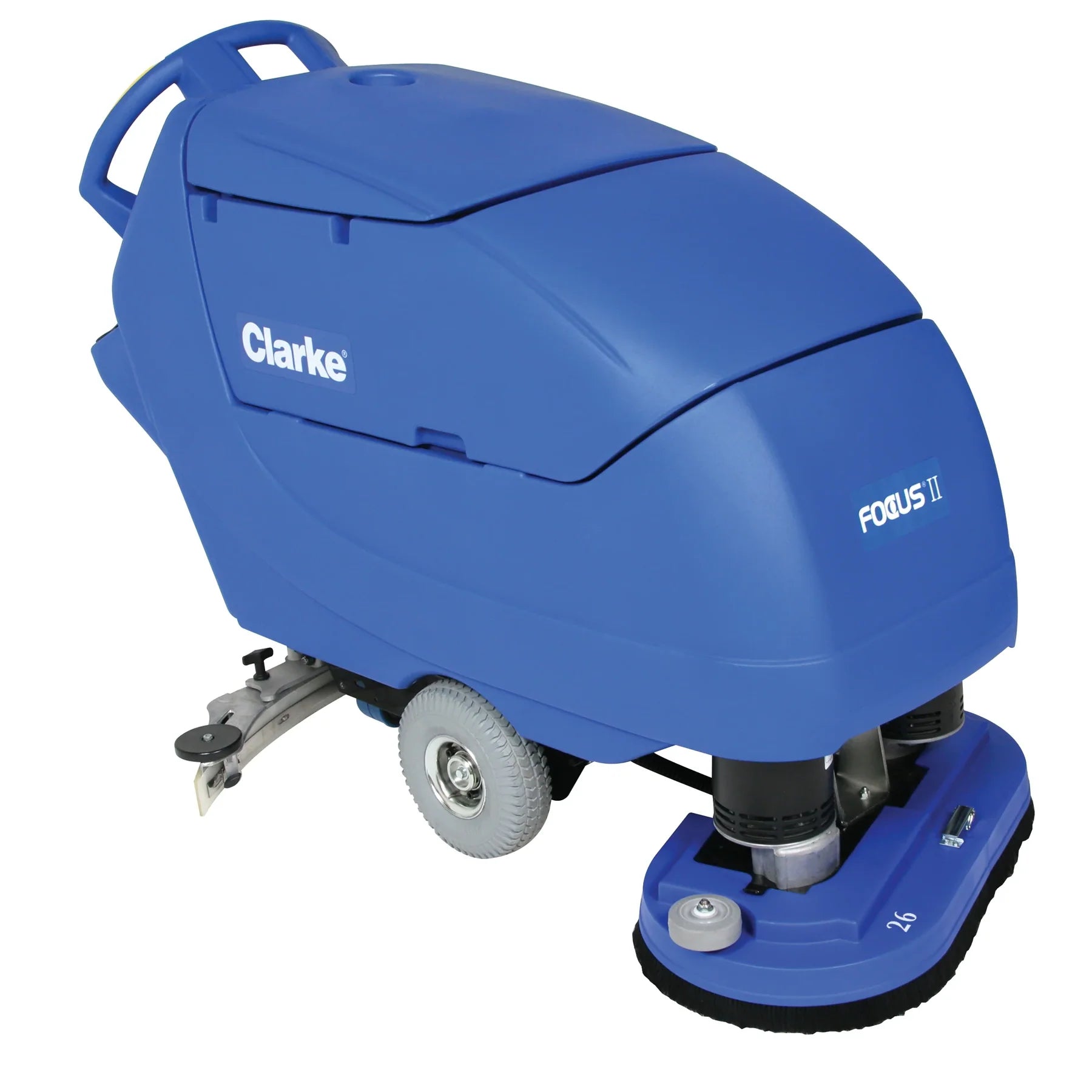 Clarke Focus II Disc 26 walk-behind floor scrubber with twin round brush deck and rear squeegee, front right angle on a white background
