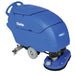 Clarke Focus II Disc 26 walk-behind floor scrubber with twin round brush deck and rear squeegee, front right angle on a white background