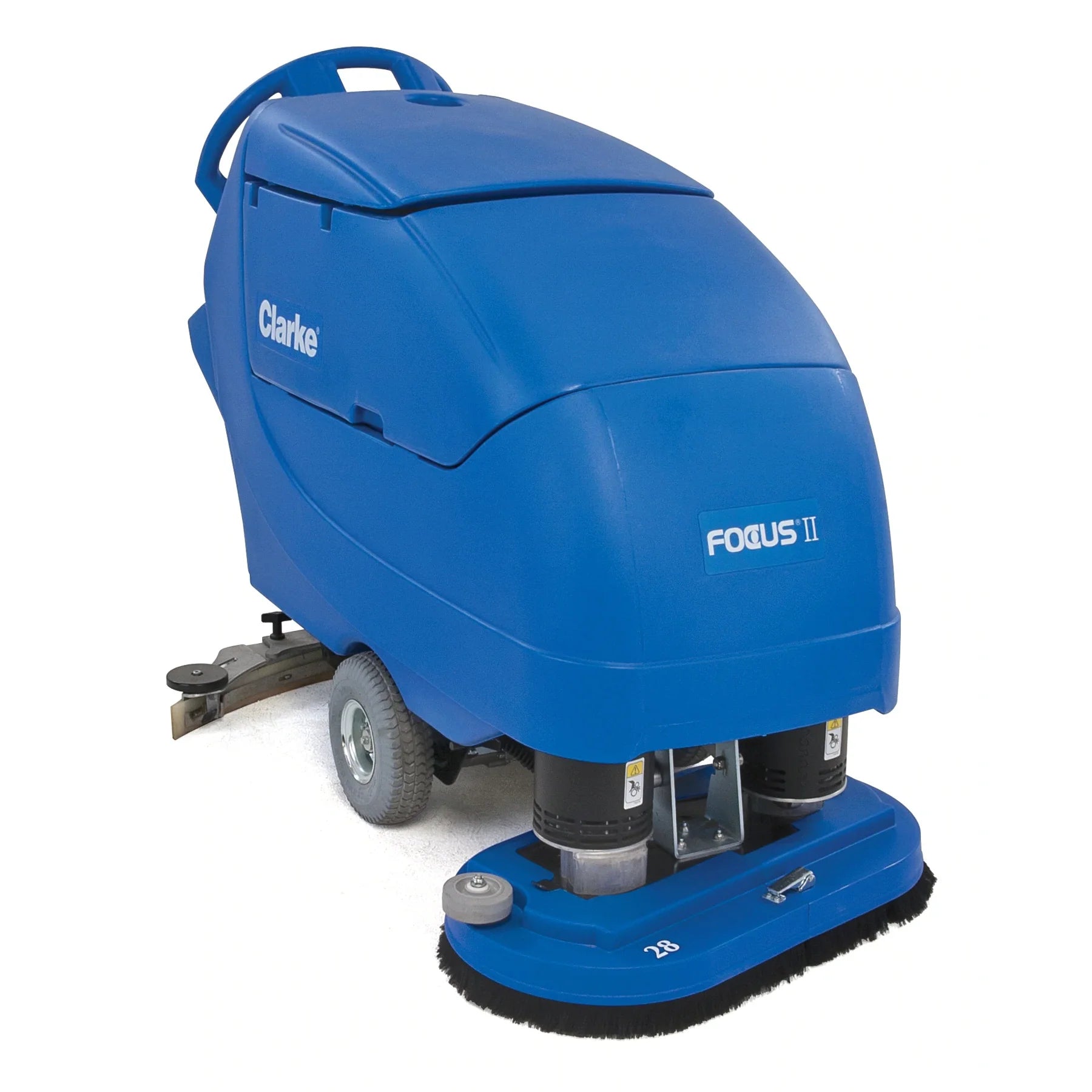 Clarke Focus II Disc 28 walk-behind floor scrubber, front right angle on a white background