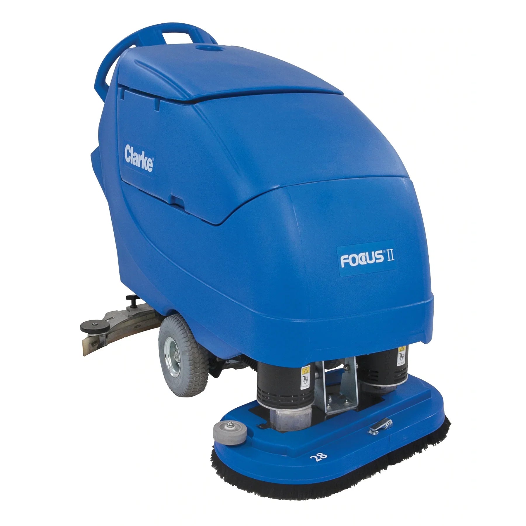 Clarke Focus II disc floor scrubber seen from the front right, showing the drive wheel and disc scrub deck