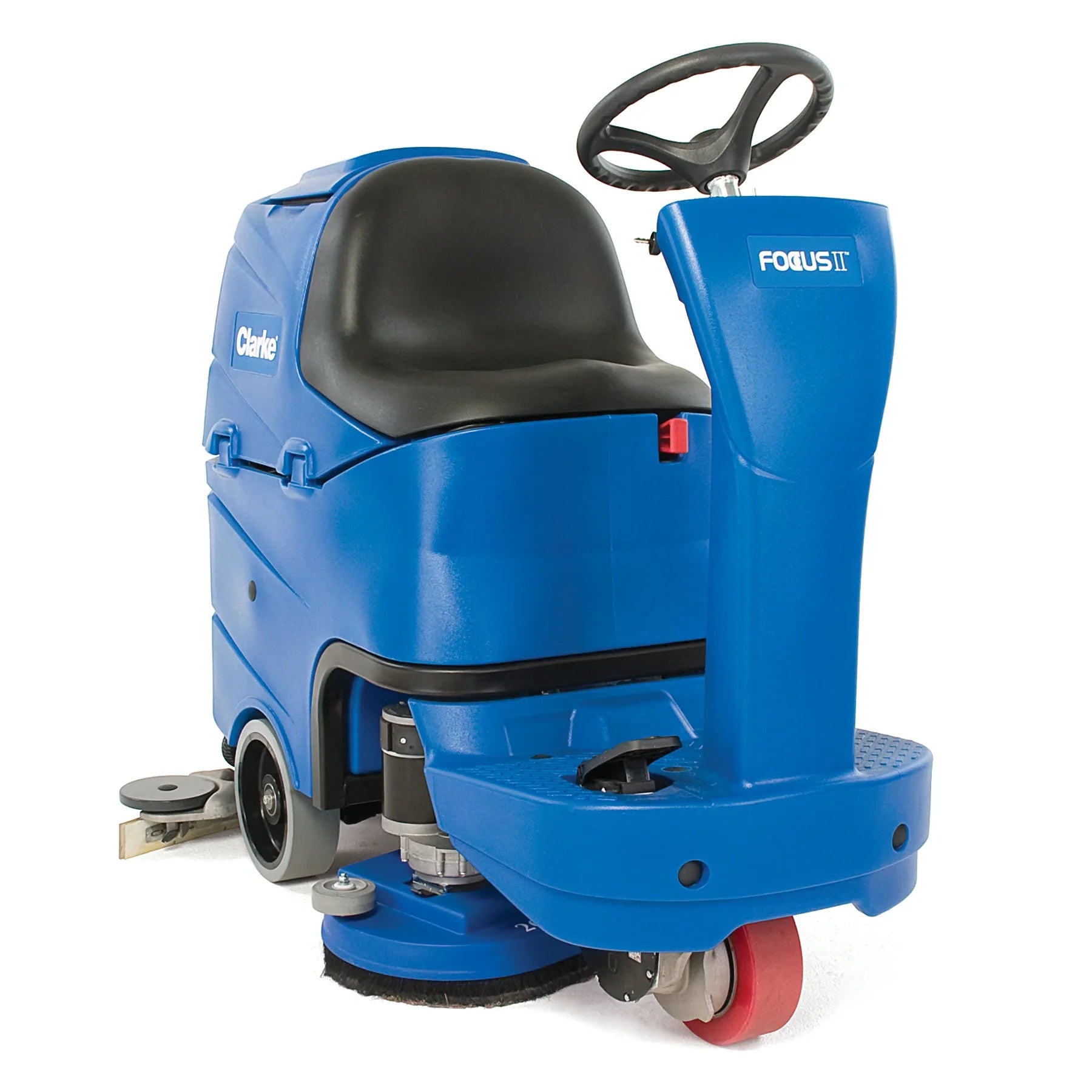 Clarke Focus II MicroRider 26 inch disc ride-on floor scrubber in blue, seen from the front right with its seat, steering wheel and twin disc deck