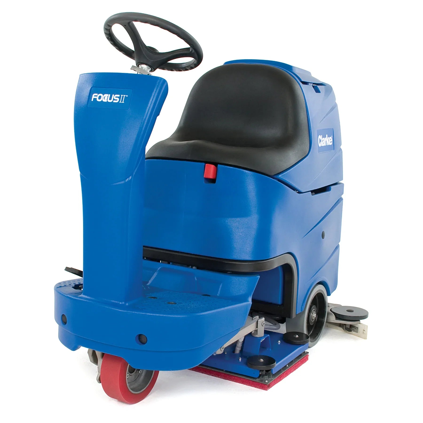 Clarke Focus II MicroRider 28 inch BOOST orbital ride-on floor scrubber, seen from the front left with the red rectangular scrub deck under the frame