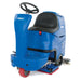 Clarke Focus II MicroRider 28 inch BOOST orbital ride-on floor scrubber, seen from the front left with the red rectangular scrub deck under the frame