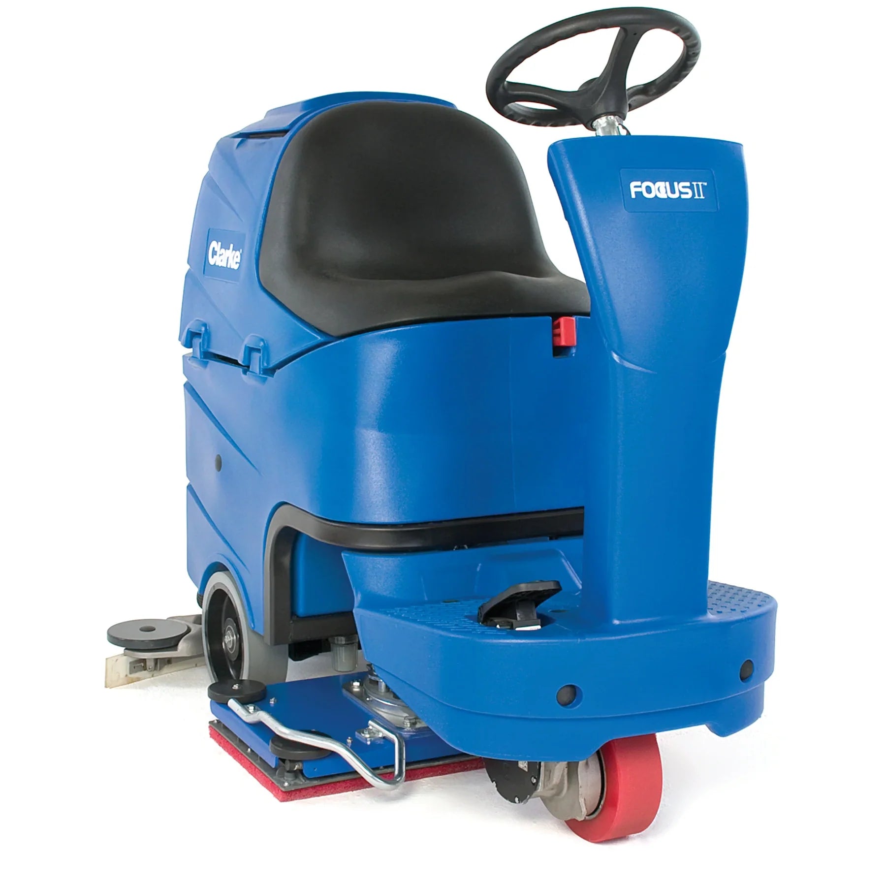 Clarke Focus II MicroRider 28 inch BOOST ride-on scrubber from the front right, showing the operator seat and the squeegee at the rear