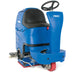 Clarke Focus II MicroRider 28 inch BOOST ride-on scrubber from the front right, showing the operator seat and the squeegee at the rear
