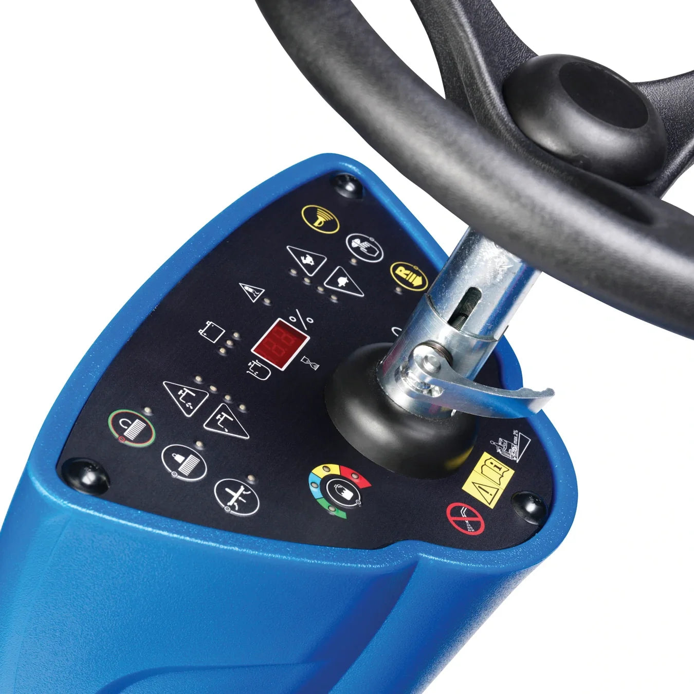 Clarke Focus II MicroRider one-touch control panel with the solution level display, below the adjustable steering wheel