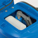 Recovery tank lid open on a Clarke Focus II MicroRider, showing the wide tank opening, the debris basket and the vacuum float housing