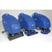 Three Clarke Focus II mid-size walk-behind scrubbers side by side, a disc model and two BOOST orbital models