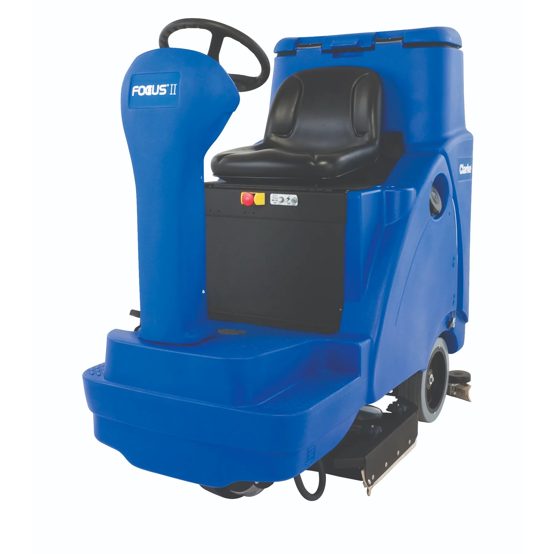 Clarke Focus II Rider BOOST ride-on scrubber, left side angle on a white background