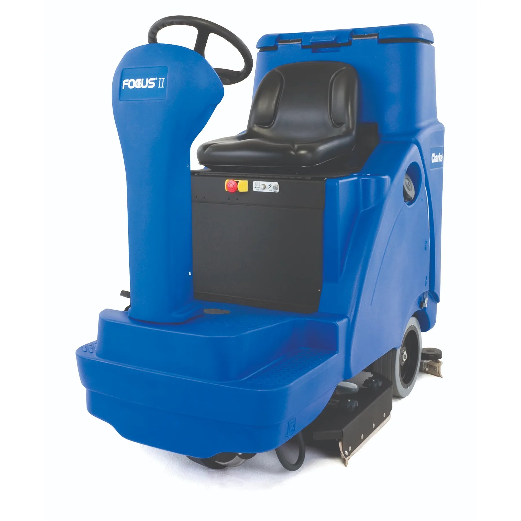 Clarke Focus II Rider ride-on floor scrubber seen from the front left, showing the seat, steering wheel and low open step