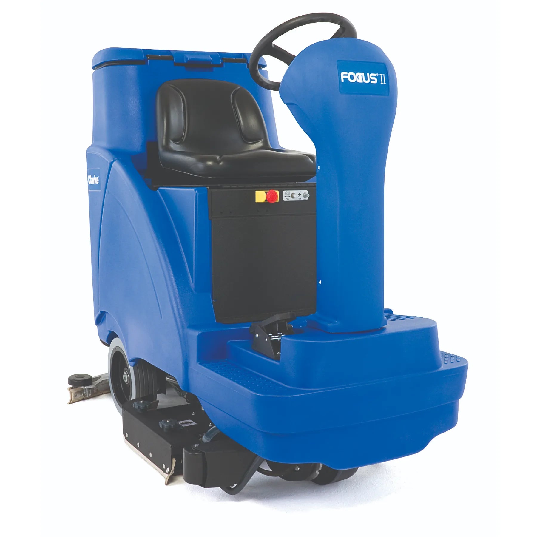 Clarke Focus II Rider ride-on floor scrubber in blue with the 28 inch BOOST deck, seen from the front right on a white background