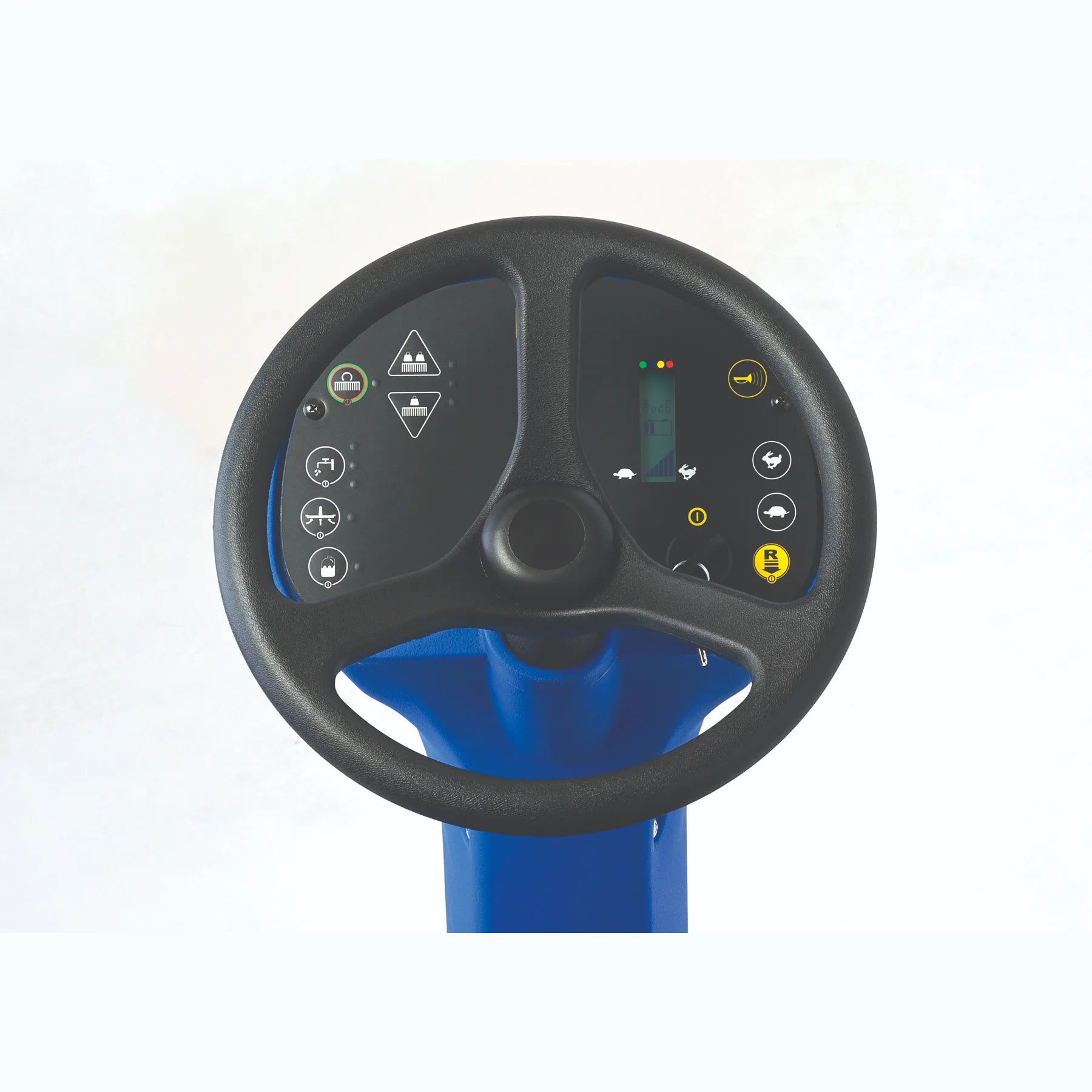 Steering wheel and One-Touch control panel of the Clarke Focus II Rider, seen from the operator seat