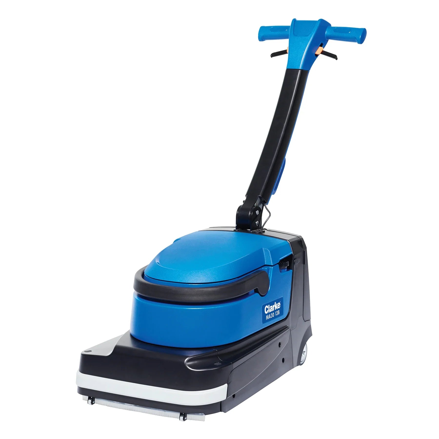 Clarke MA30 13B micro scrubber, front left angle showing the blue tank unit and the handle controls