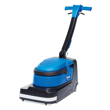 Clarke MA30 13B micro scrubber, front left angle showing the blue tank unit and the handle controls