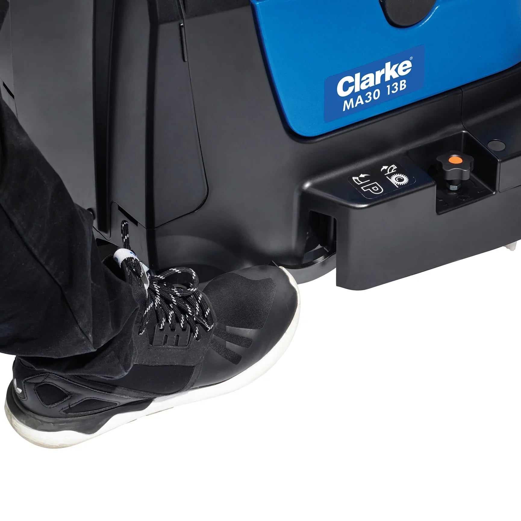 Parking pedal on the Clarke MA30 13B, which lifts the brush and squeegees off the floor for moving and storage