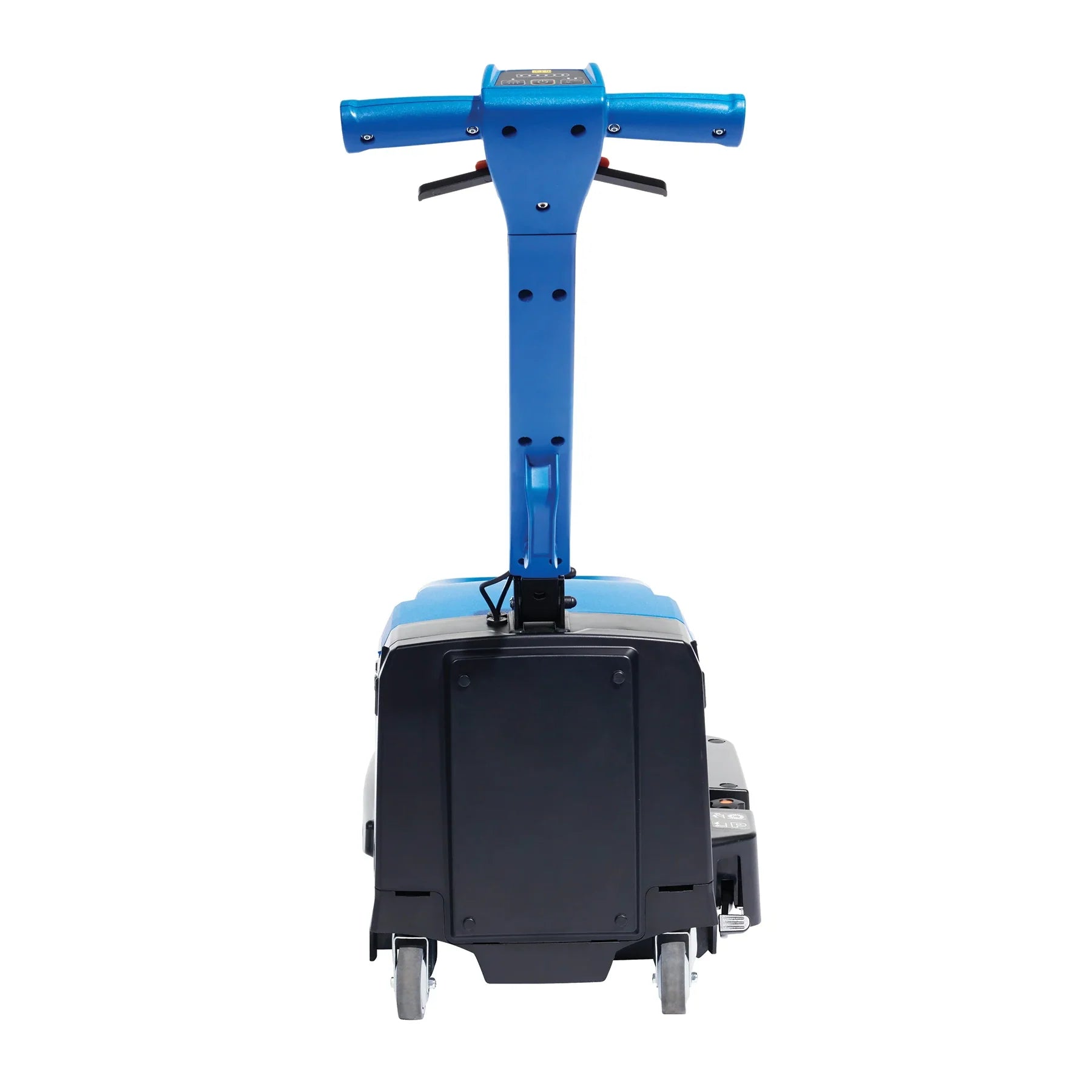 Rear view of the Clarke MA30 13B micro scrubber with the battery cover and pivoting rear wheels