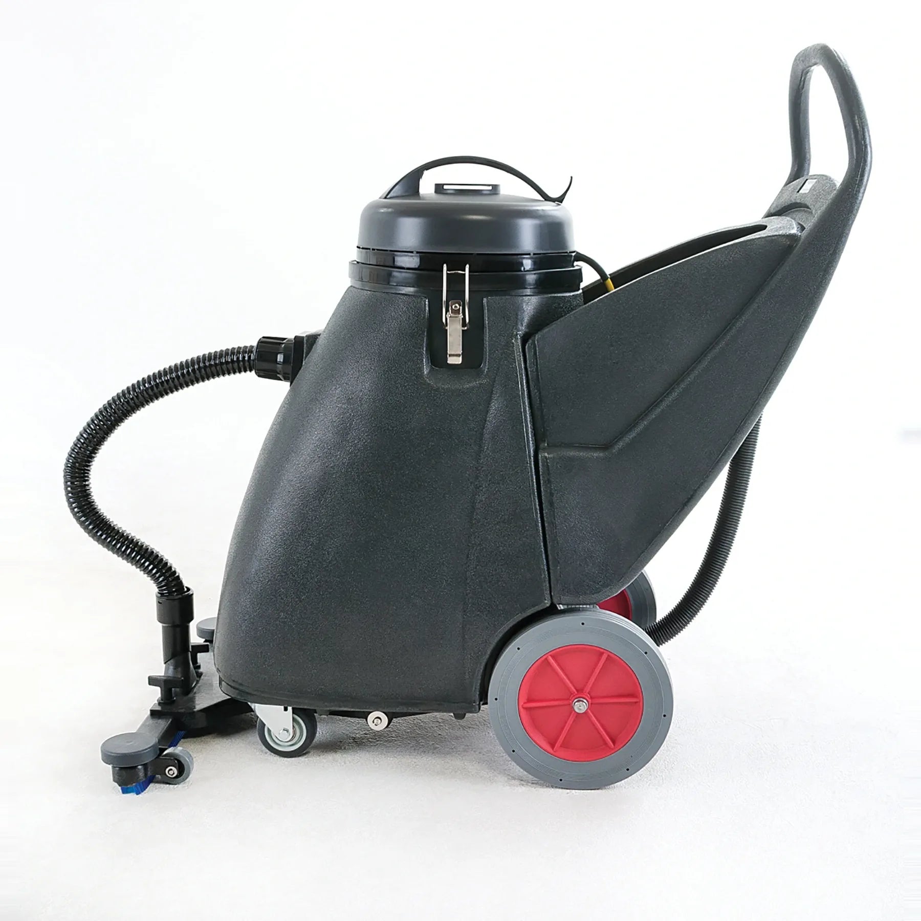 Clarke Summit Pro 18SQ wet/dry vacuum seen from the side, with the 10-inch rear wheels, open storage handle and front squeegee