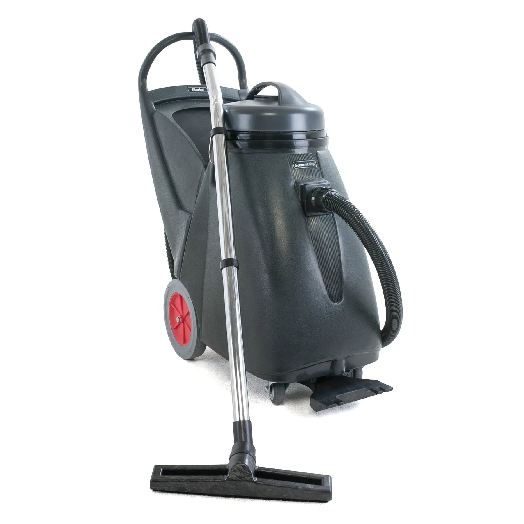 Clarke Summit Pro 18SQ wet/dry vacuum with the stainless steel wand and floor tool connected to the 9-foot hose