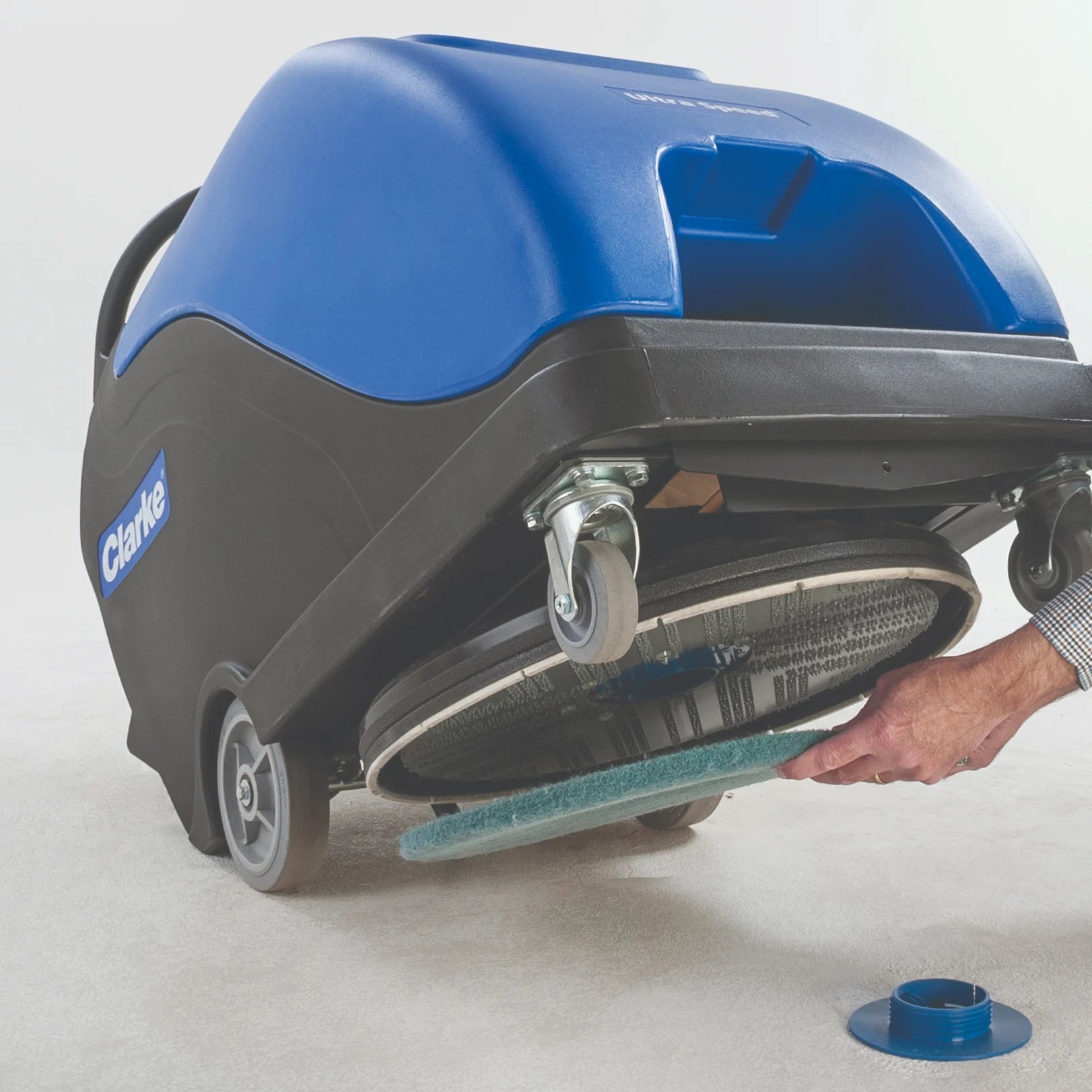 Changing the pad on a Clarke Ultra Speed 20 burnisher tipped back