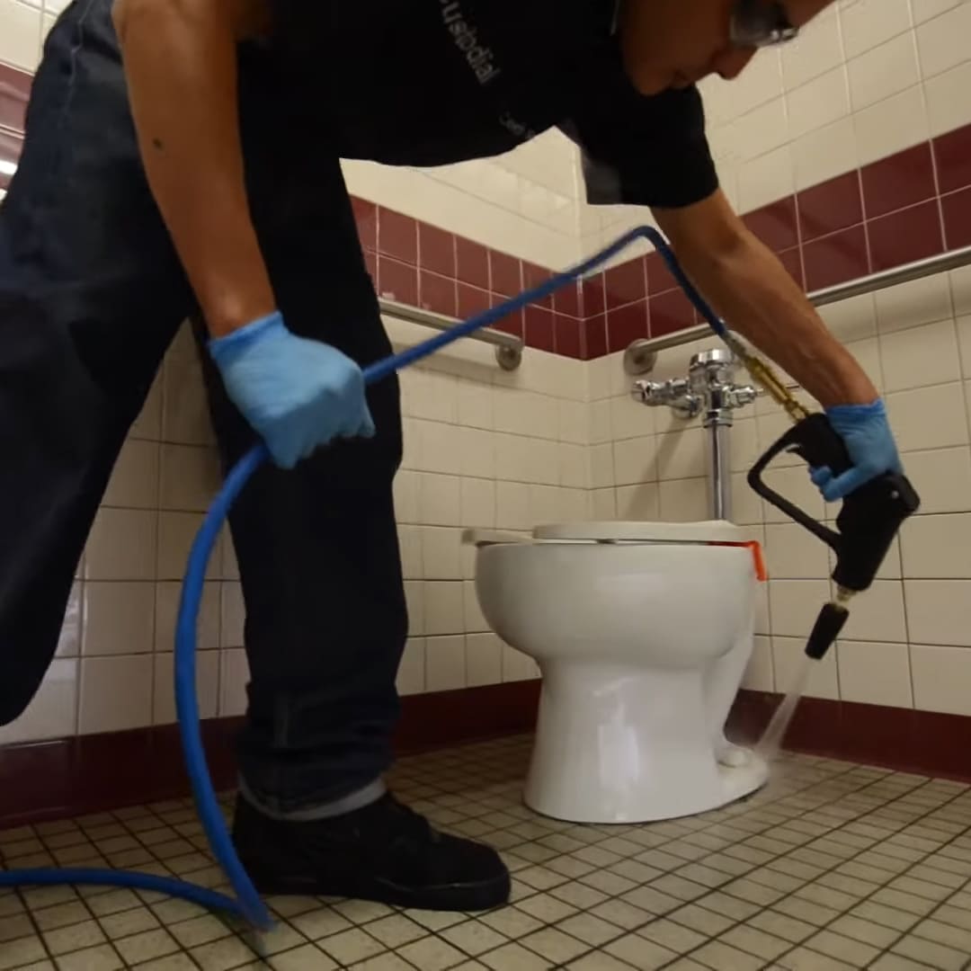 Rinsing a toilet with the EDIC spray gun on an Endeavor