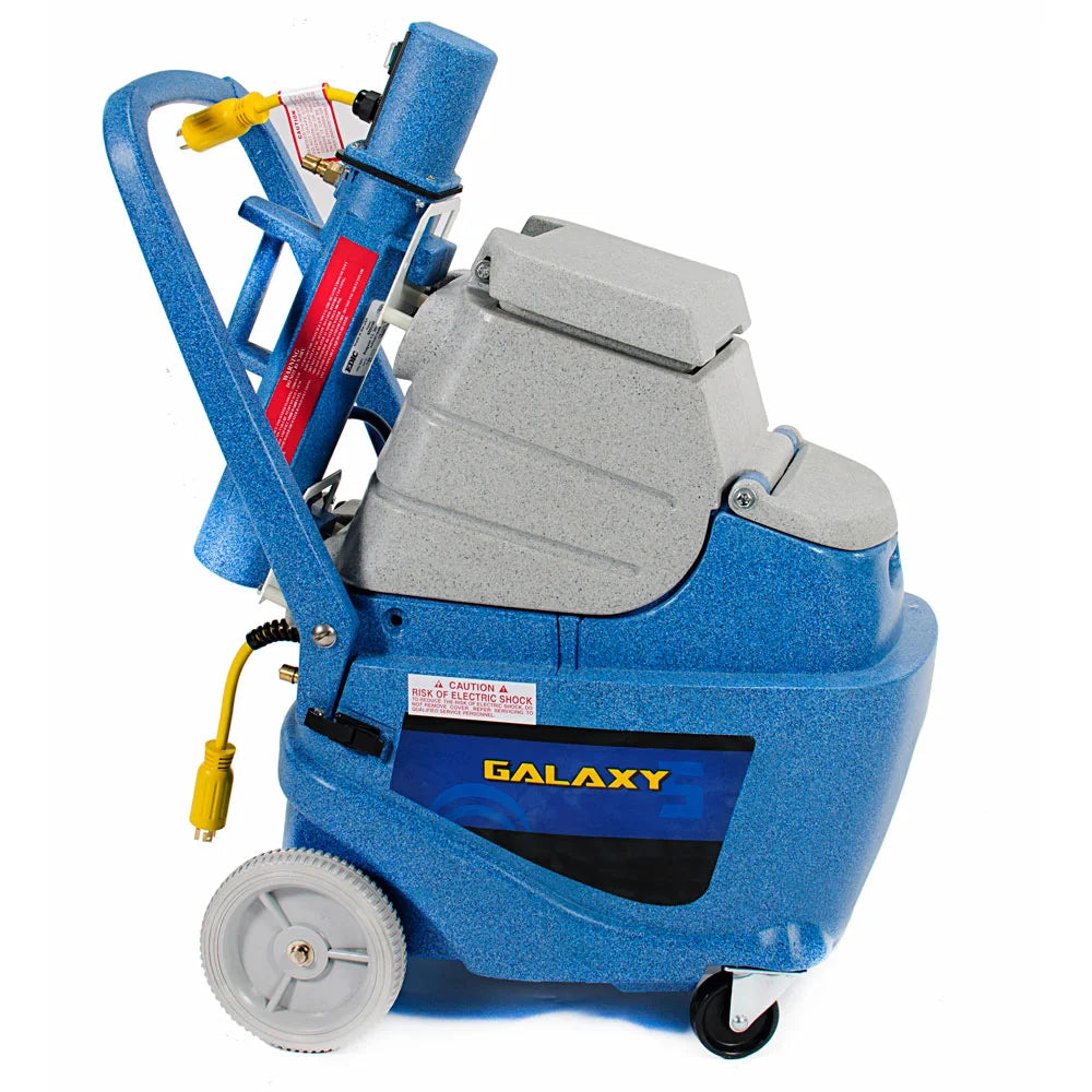 EDIC Galaxy 5 carpet extractor side view with the Heat N Run external heater mounted on the back