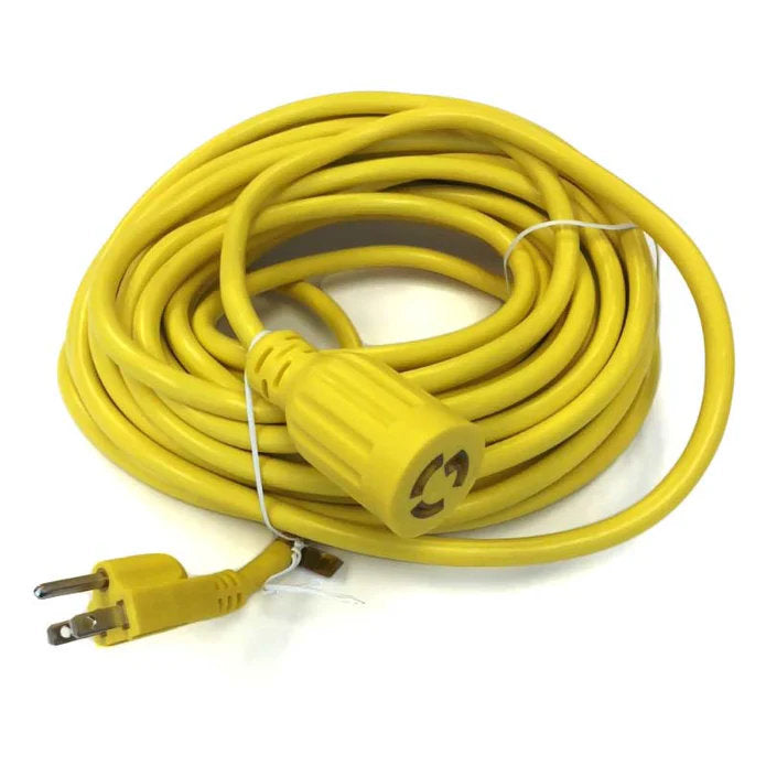 EDIC B11769 50 ft yellow power cord with twist-lock connector and standard grounded plug, on white