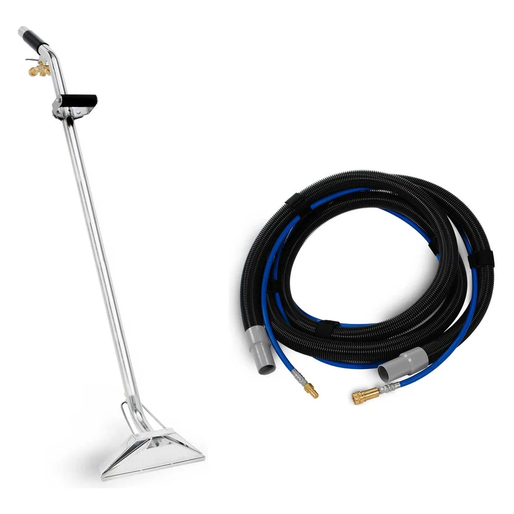 EDIC Glidemaster 12 inch dual jet S-bend stainless steel wand shown beside the coiled Galaxy hose, sold together as a kit