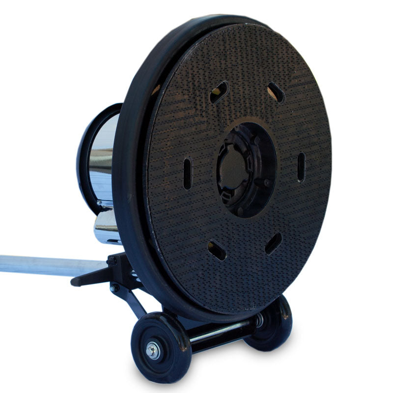 EDIC pad driver mounted on a Saturn low speed floor machine tipped back on its wheels