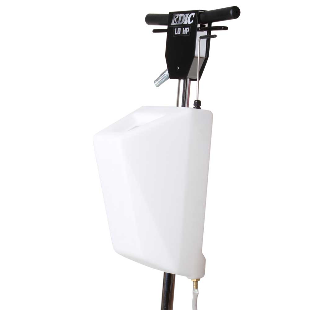 EDIC 390AC 4 gallon shampoo tank mounted on a Saturn floor machine handle, on white