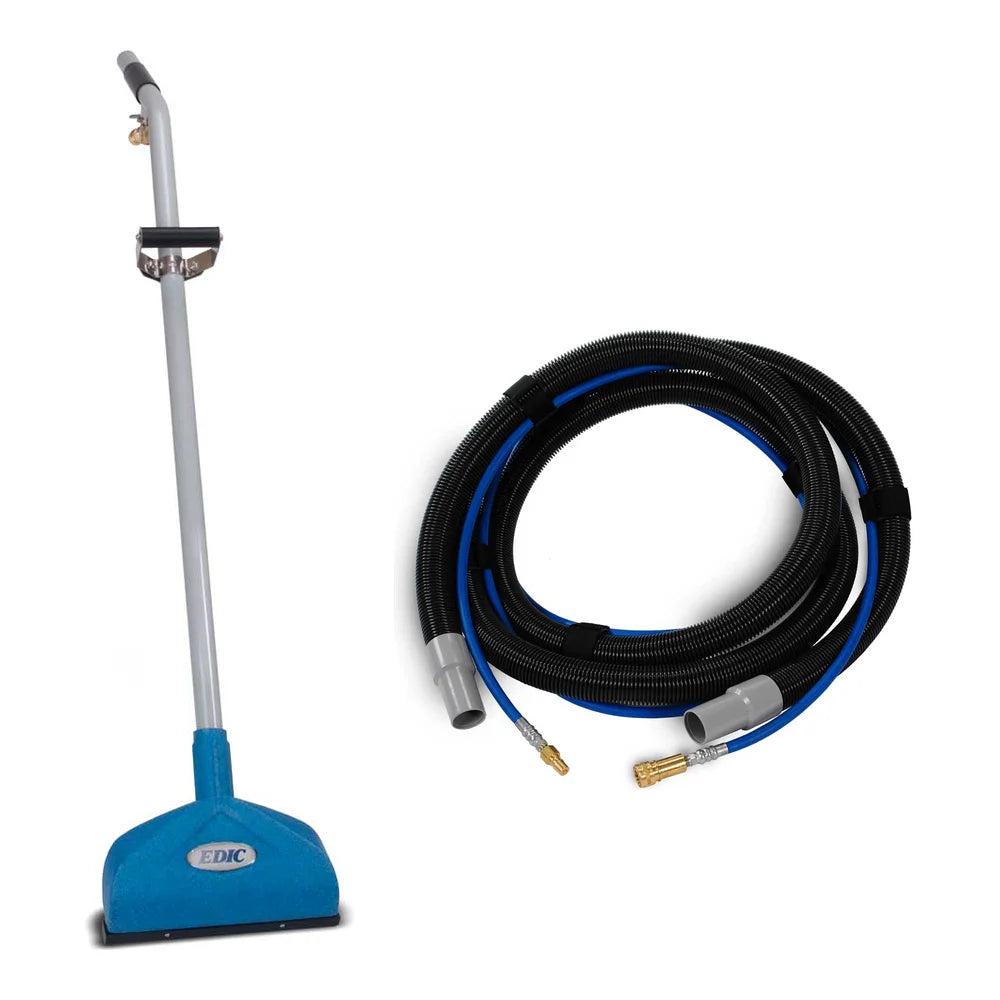 EDIC Triton aluminum carpet wand shown beside the coiled Galaxy vacuum and solution hose, sold together as a kit