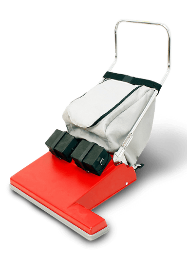 Fas-Trak Fas-Vac 28-inch cordless wide area vacuum in red with its gray filter bag on the handle, on white