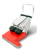 Fas-Trak Fas-Vac 28-inch cordless wide area vacuum in red with its gray filter bag on the handle, on white