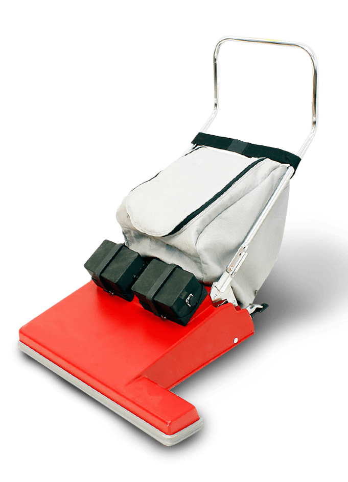 Fas-Trak Fas-Vac 28-inch cordless wide area vacuum in red with its gray filter bag on the handle, on white