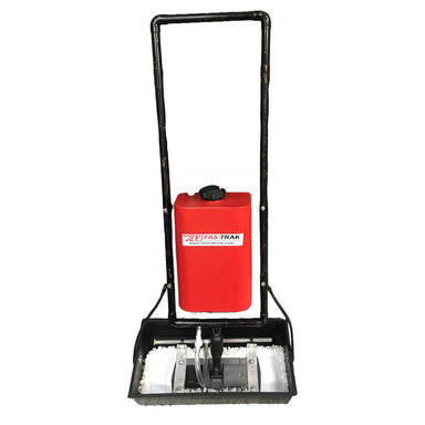 Fas-Trak Micro-Trak Plus floor finish applicator with its red tank on a black frame, front view on white