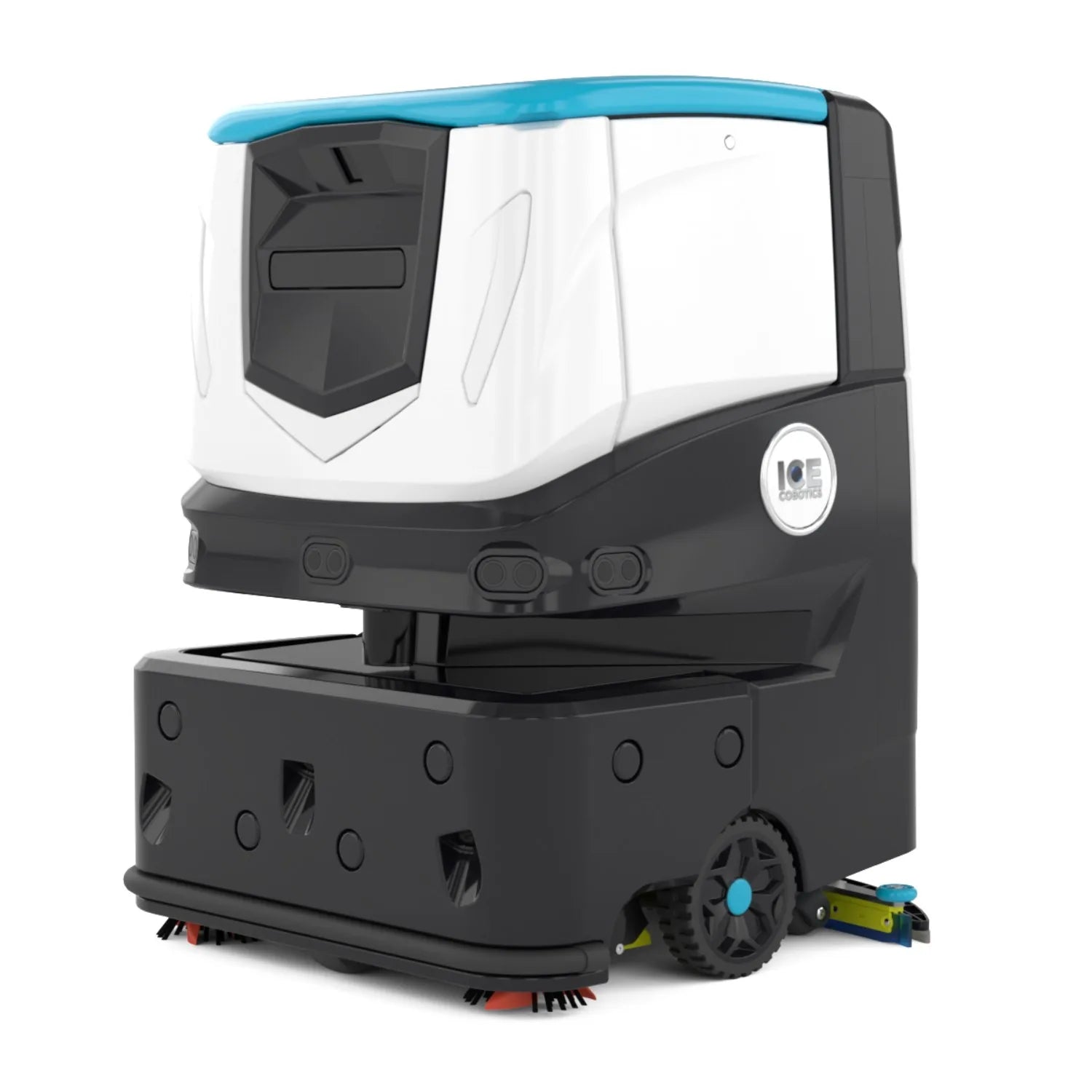 ICE Cobotics Cobi 18 autonomous commercial floor scrubber hero image showing the black and white machine with light blue accent on top, white background