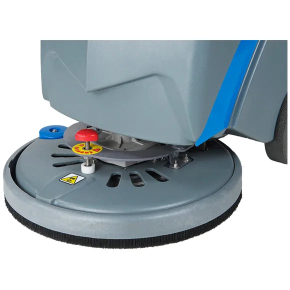Close-up of the ICE i18C scrub deck and pad driver, with the red pad release on top