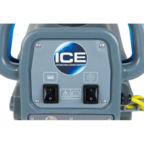 Close-up of the ICE i18C rear control panel with the two rocker switches for the brush and vacuum motors under the handle