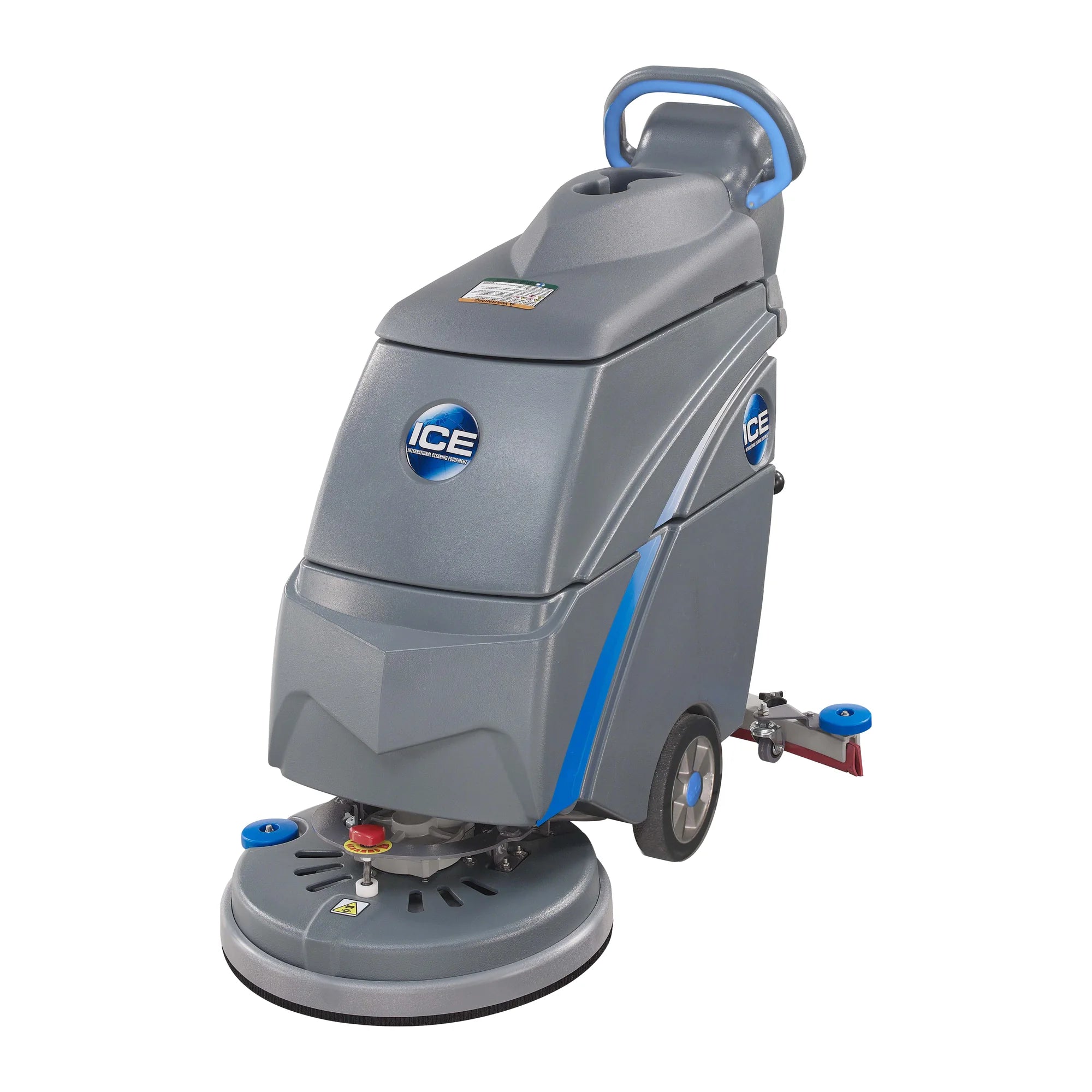 ICE i18C 18-inch cord-electric walk-behind floor scrubber, gray with blue trim, front left angle on a white background