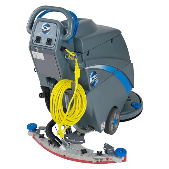 Rear view of the ICE i18C floor scrubber with the yellow power cord wrapped on the handle hooks and the curved squeegee behind the rear wheels