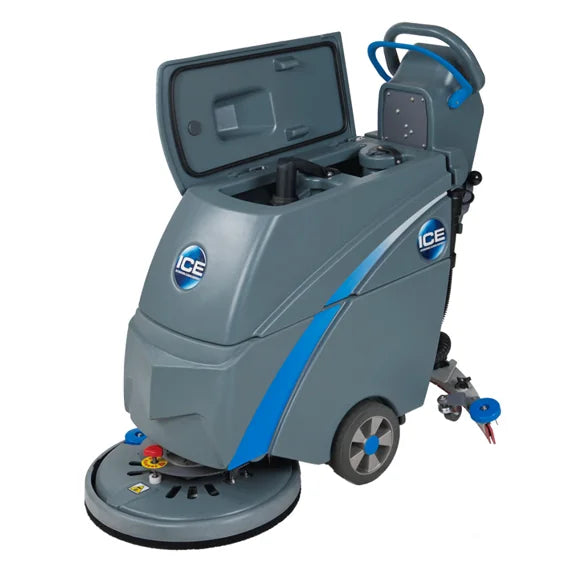 ICE i18C floor scrubber with the recovery tank lid open, showing the wide opening for emptying and rinsing