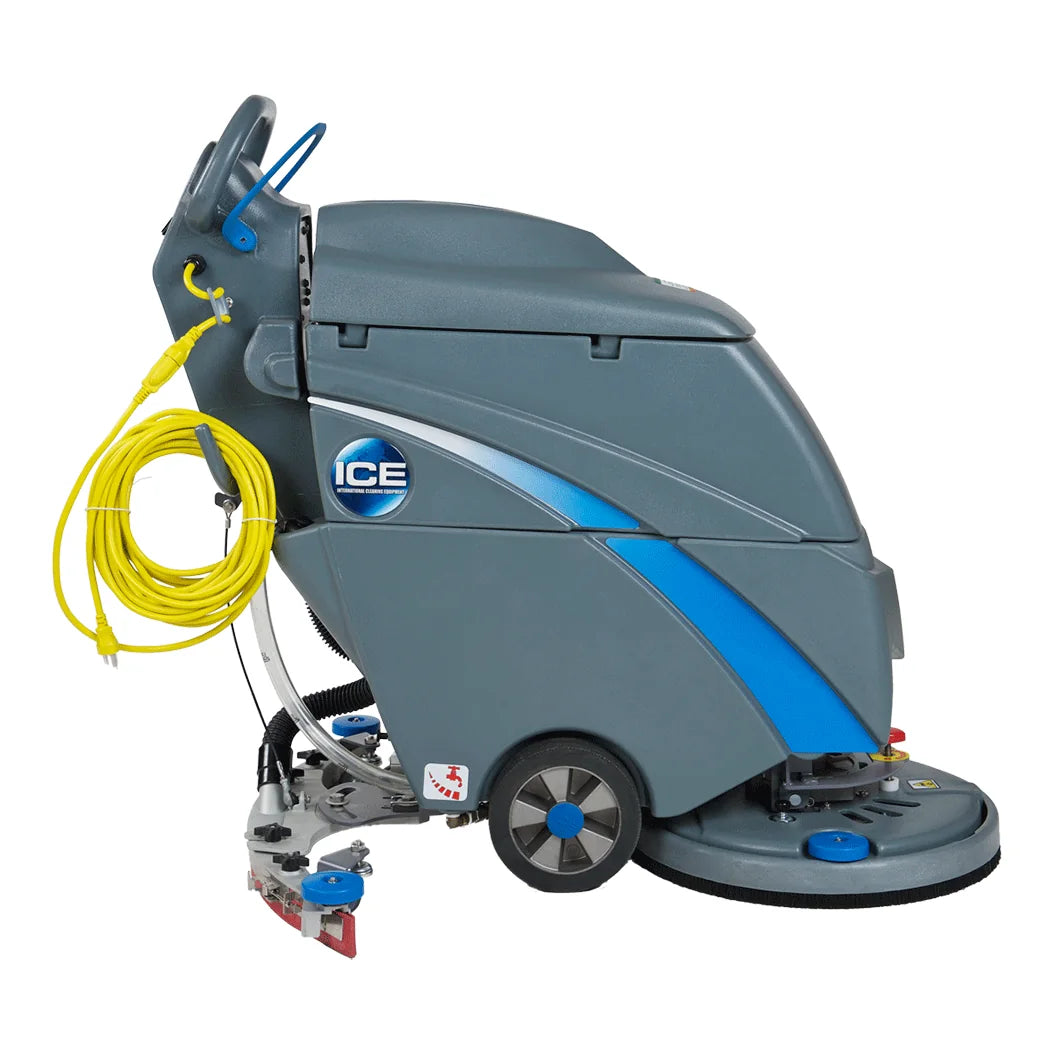 ICE i18C floor scrubber seen from its right side, with the yellow 82-foot power cord coiled on the handle and the squeegee at the rear