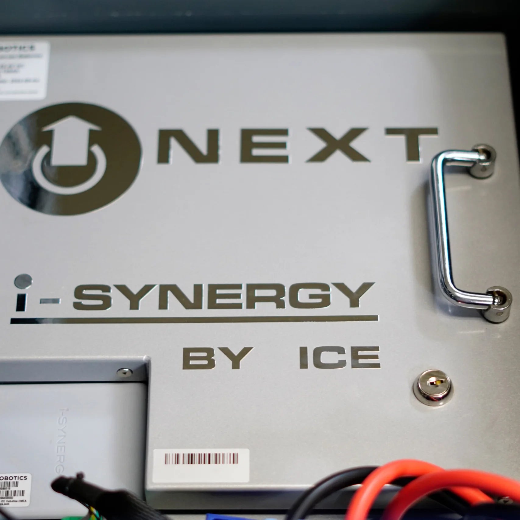 Close-up of the i-Synergy lithium-ion battery inside an ICE walk-behind scrubber