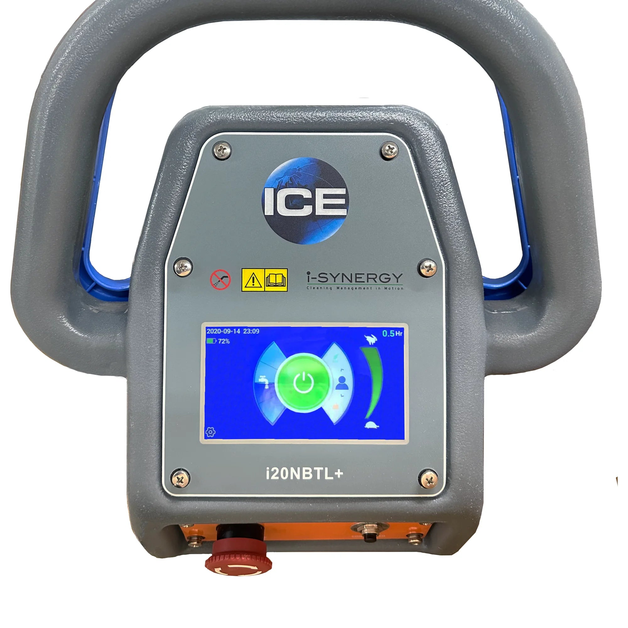Close-up of the ICE i20NBTL+ handle with its color touchscreen control panel and red emergency stop