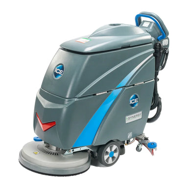 ICE i20NBTL+ floor scrubber from the front right, showing the i-Synergy label, pad deck and squeegee