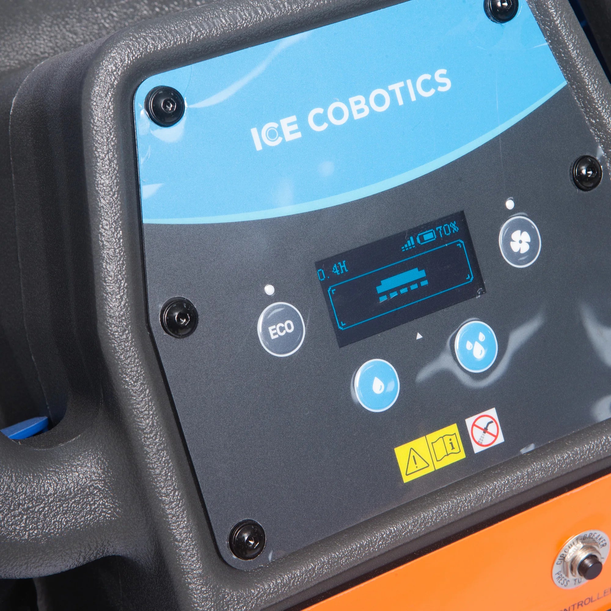 Close-up of the ICE i20YT control console with its circuit breaker button